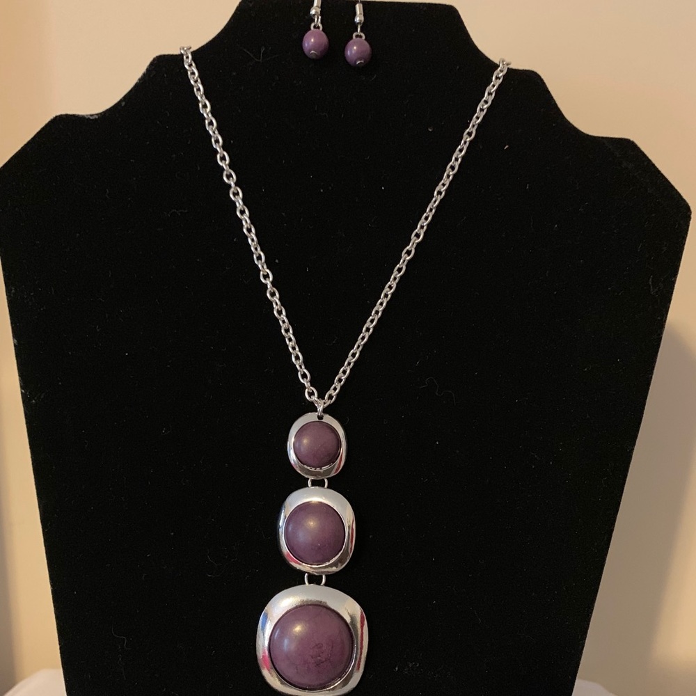 Purple and Silver Necklace and Earrings Set